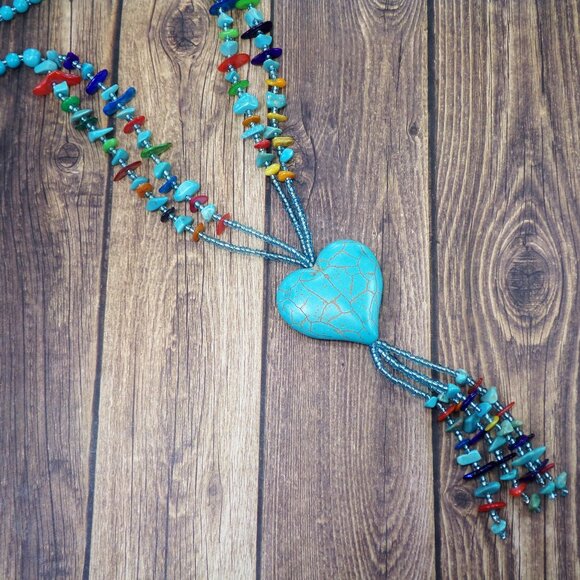 Turquoise Heart Stone Necklace with Multi Color Stones and stone beaded tassel. - Picture 3 of 8